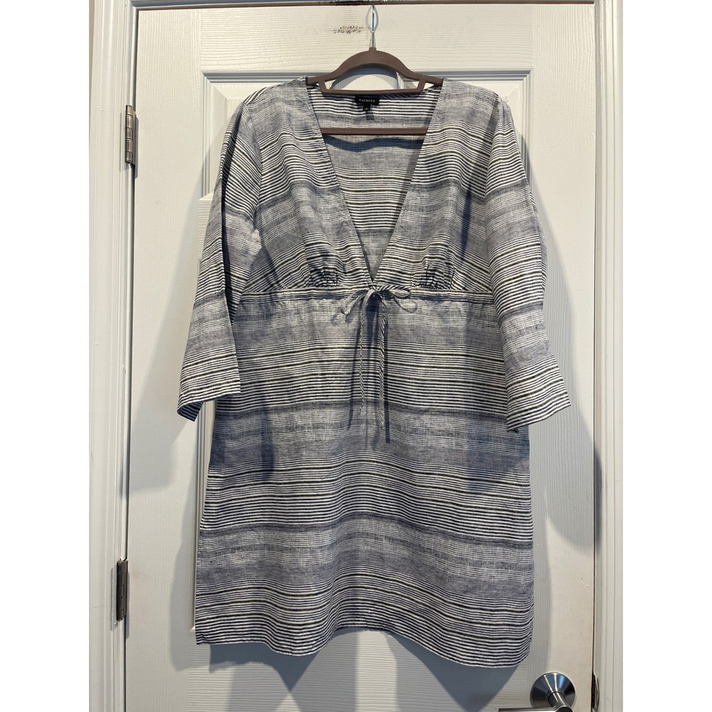 Talbots Blue White Striped Linen Tunic Dress / Cover upEmpire Waist V-Neck Large